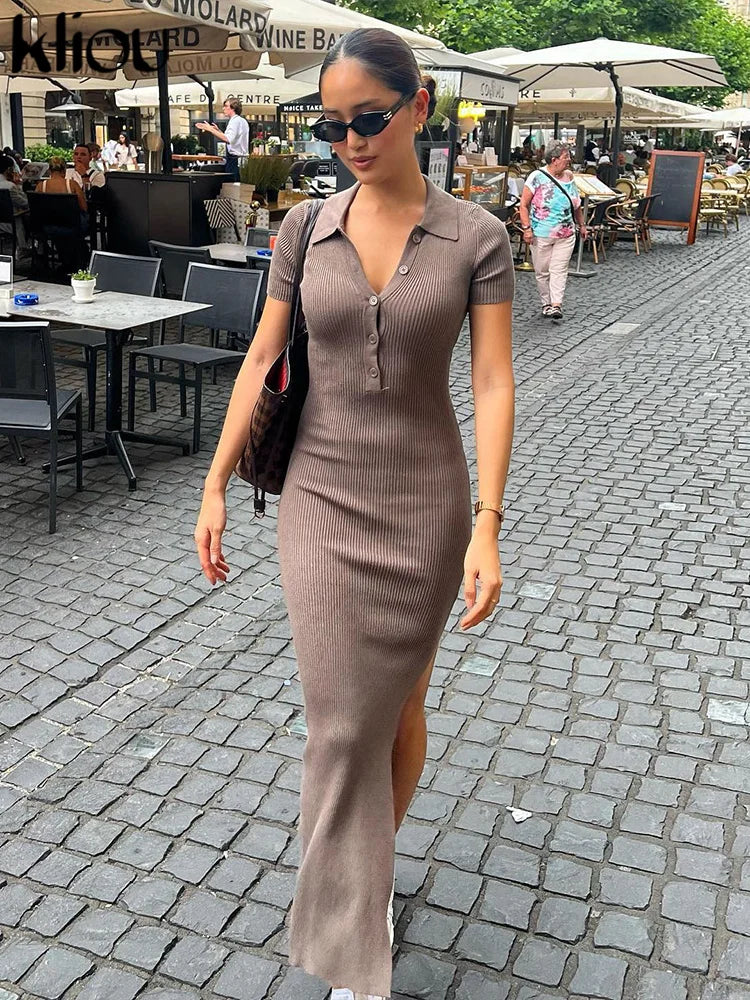 Classy Kliou Lady Dress.  Button Side Slit Body, with Turn-down Collar Short Sleeve-Shaping
