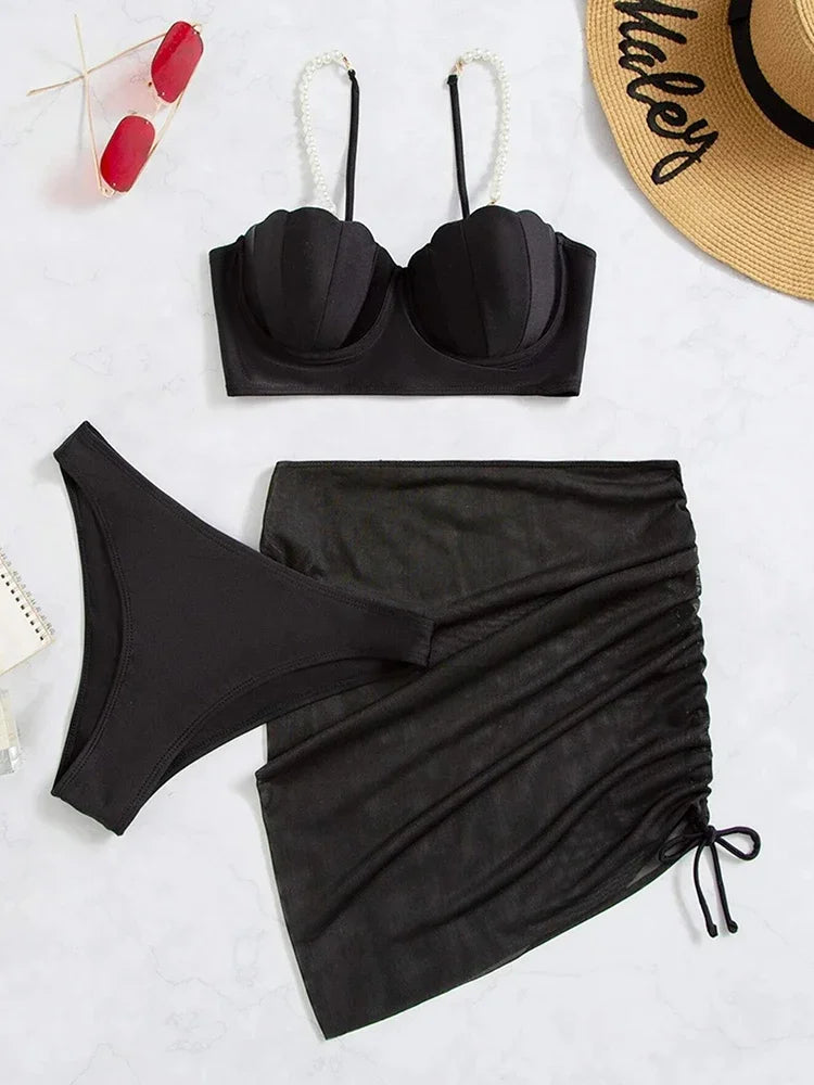 Sexy 3 Piece Bikinis Set for Women. Swimsuit with Skirt Swimwear.