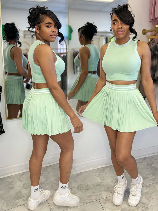 Women O-neck Mini Tank Top and Pleated Mini Skirt Suit. Fitness 2Piece Set Outfit.