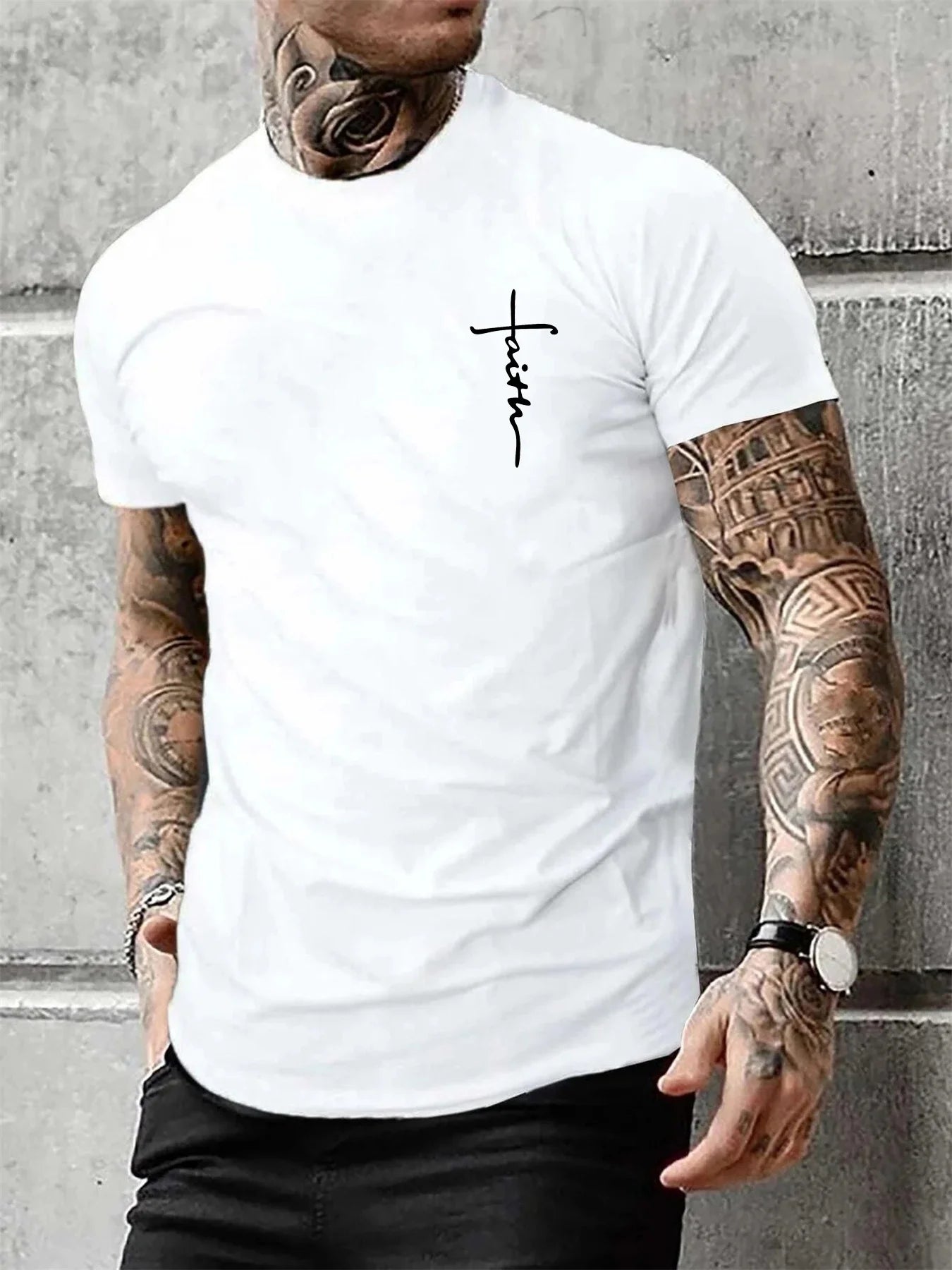 Men's Summer 100% Cotton Fashionable Casual Loose Large Size Faith Cross Printed Sports Round Neck Short Sleeve T-shirt Top