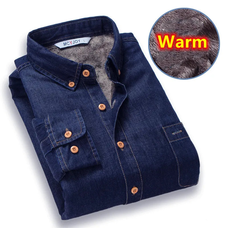 Winter Warm Denim Jeans Shirt for Men. Fleece Lined Velvet Shirts with Button Down