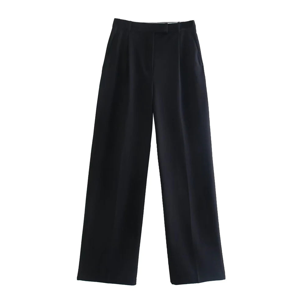 TRZA Women Fashion With Darts Front Pockets Wide Leg Pants Vintage High Waist Zipper Fly Female Trousers Mujer