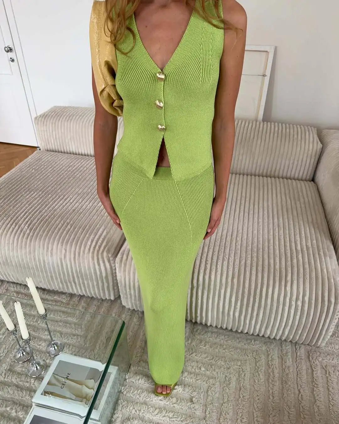 Tossy Knit Fashion 2 Piece-Set Long Skirt Women's V-Neck Slim Vestidos Cardigan Top And High Waist Solid Maxi Skirt Outfits 2025