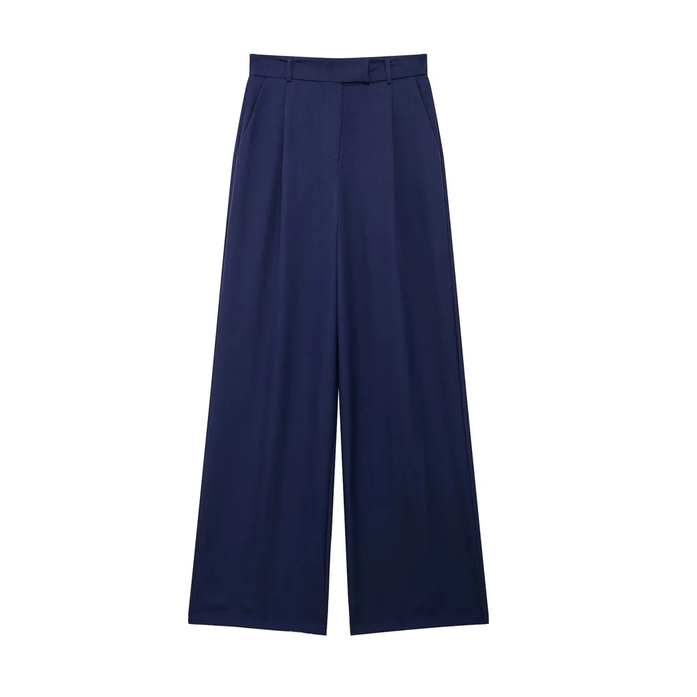 TRZA Women Fashion With Darts Front Pockets Wide Leg Pants Vintage High Waist Zipper Fly Female Trousers Mujer