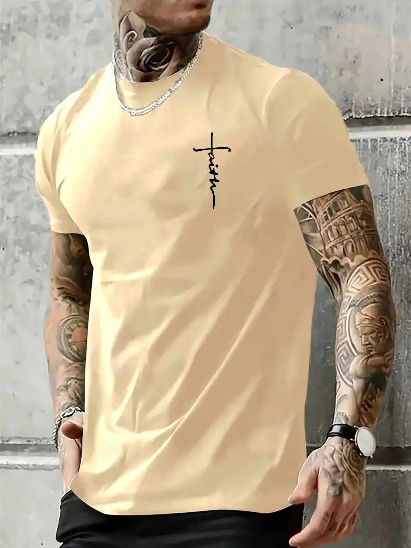 Men's Summer 100% Cotton Fashionable Casual Loose Large Size Faith Cross Printed Sports Round Neck Short Sleeve T-shirt Top