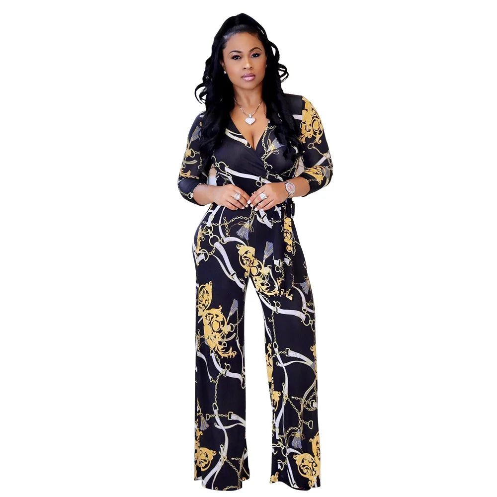 Sexy women jumpsuit V-neck long sleeved printed jumpsuit For Women