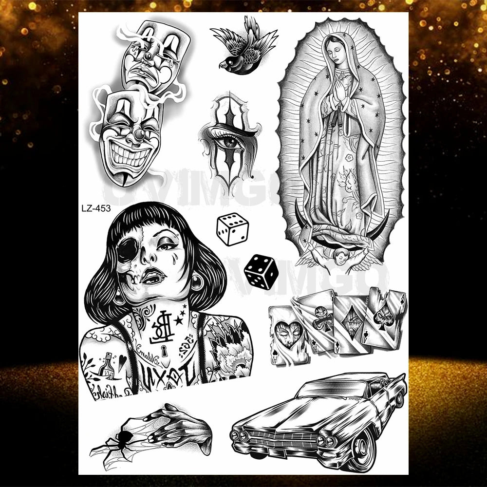 Chicano Bandit Mexico Temporary Tattoos For Men Women Fake Car Nun Tattoo religion Stickers Realistic Back Waterproof Tatoos