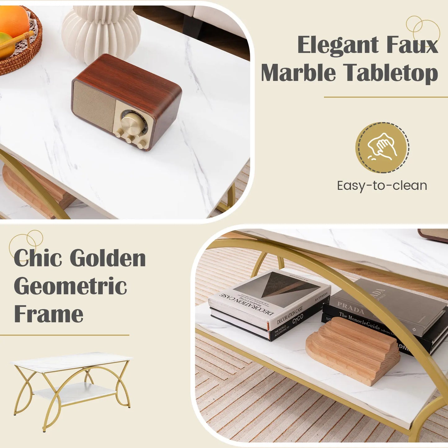 GOFLAME 2-Tier Modern Coffee Table with Arched Metal Frame & Adjustable Foot Pads