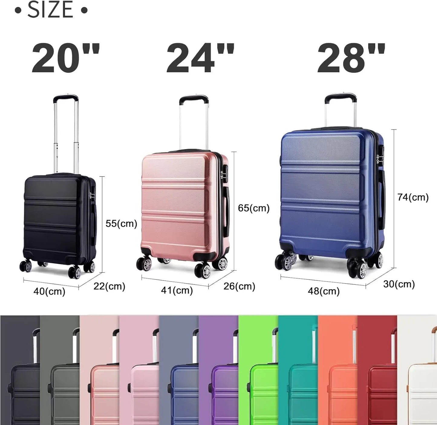 Kono Lightweight Cabin Suitcase - 20/24/28 Inch ABS Hard Shell, Fits EasyJet Under Seat, large-Compact Carry-On Trolley Case