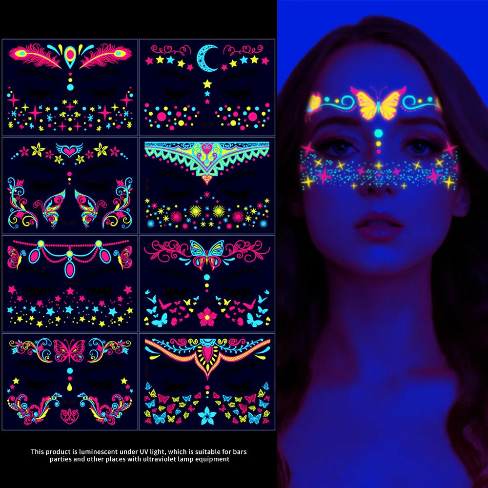Luminous Temporary Tattoos Stickers UV Glow Fluorescent in the Dark For Body Face Tattoo Stickers Party Accessorie Props