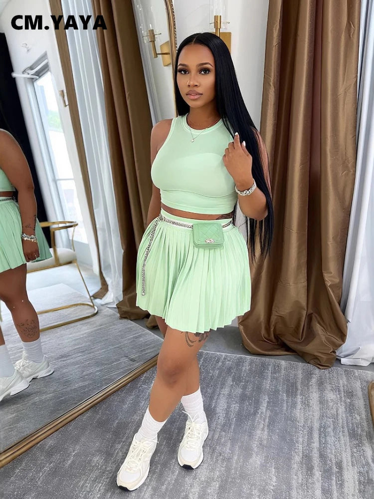 Women O-neck Mini Tank Top and Pleated Mini Skirt Suit. Fitness 2Piece Set Outfit.