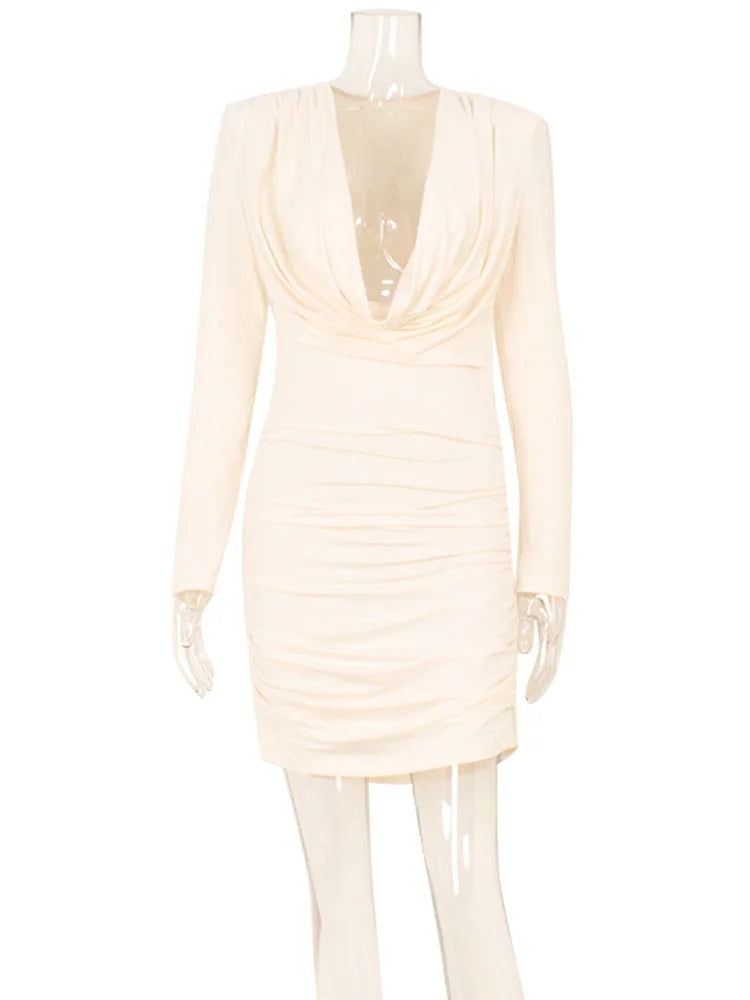 Ahagaga Elegant Women's Mini Dresses. Swinging Collar, Regular Long Sleeves Folds.