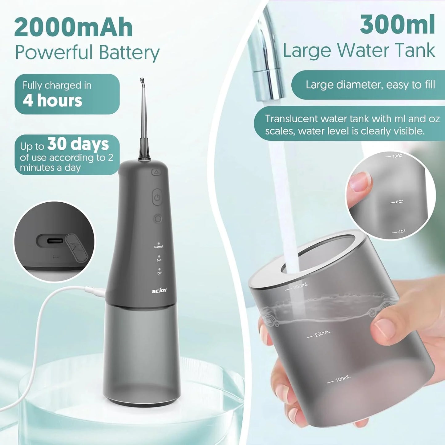 Sejoy Water Flosser Dental Oral Irrigator Water flossers for Teeth USB Rechargeable Waterproof Portable Cordless