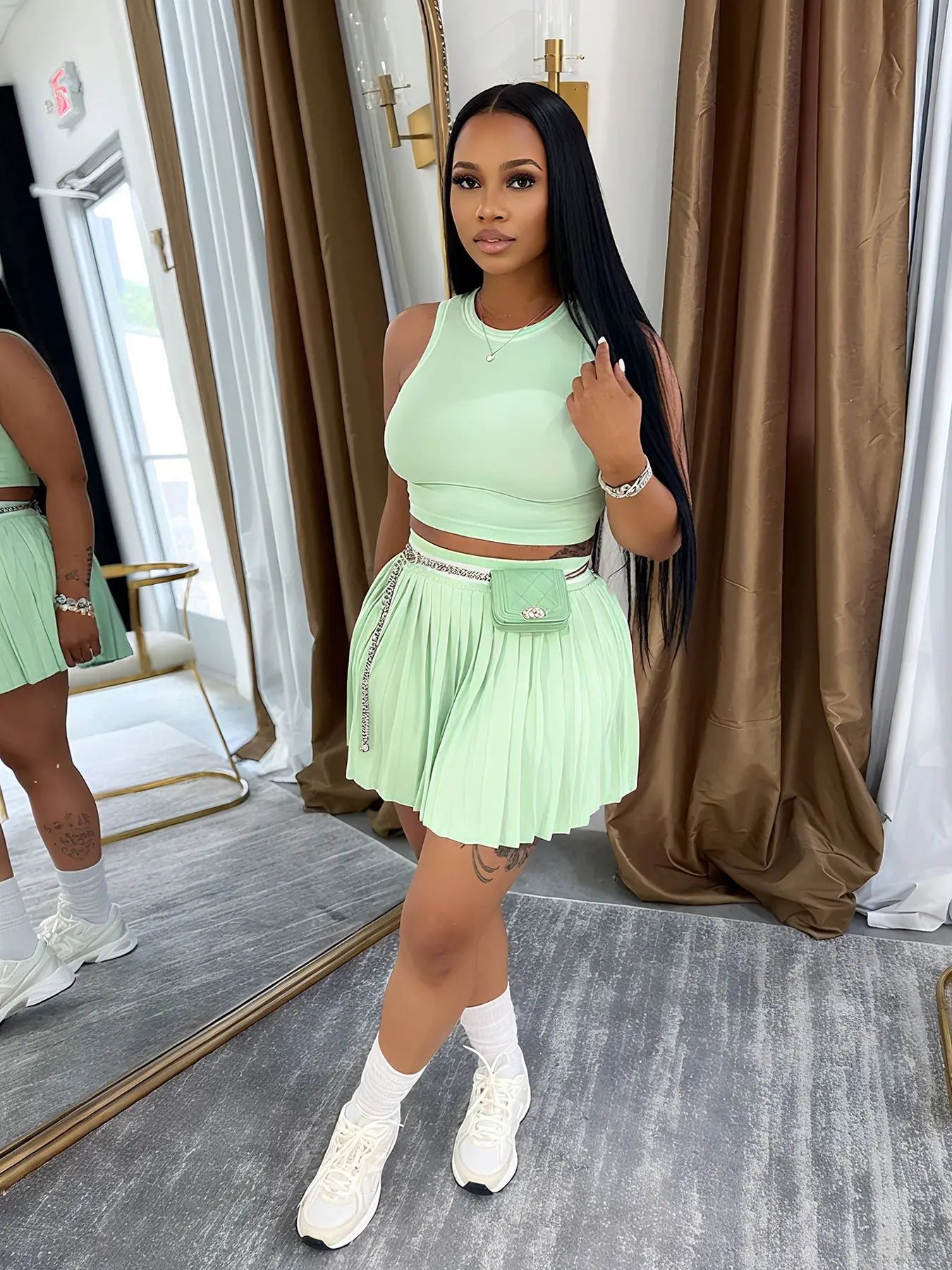 Women O-neck Mini Tank Top and Pleated Mini Skirt Suit. Fitness 2Piece Set Outfit.