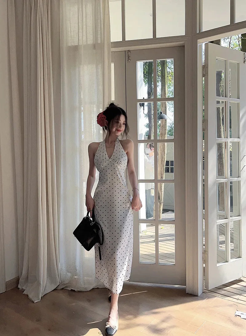 Korean Style Open-back Halter Neck Dress Women. Elegant Long Dress.