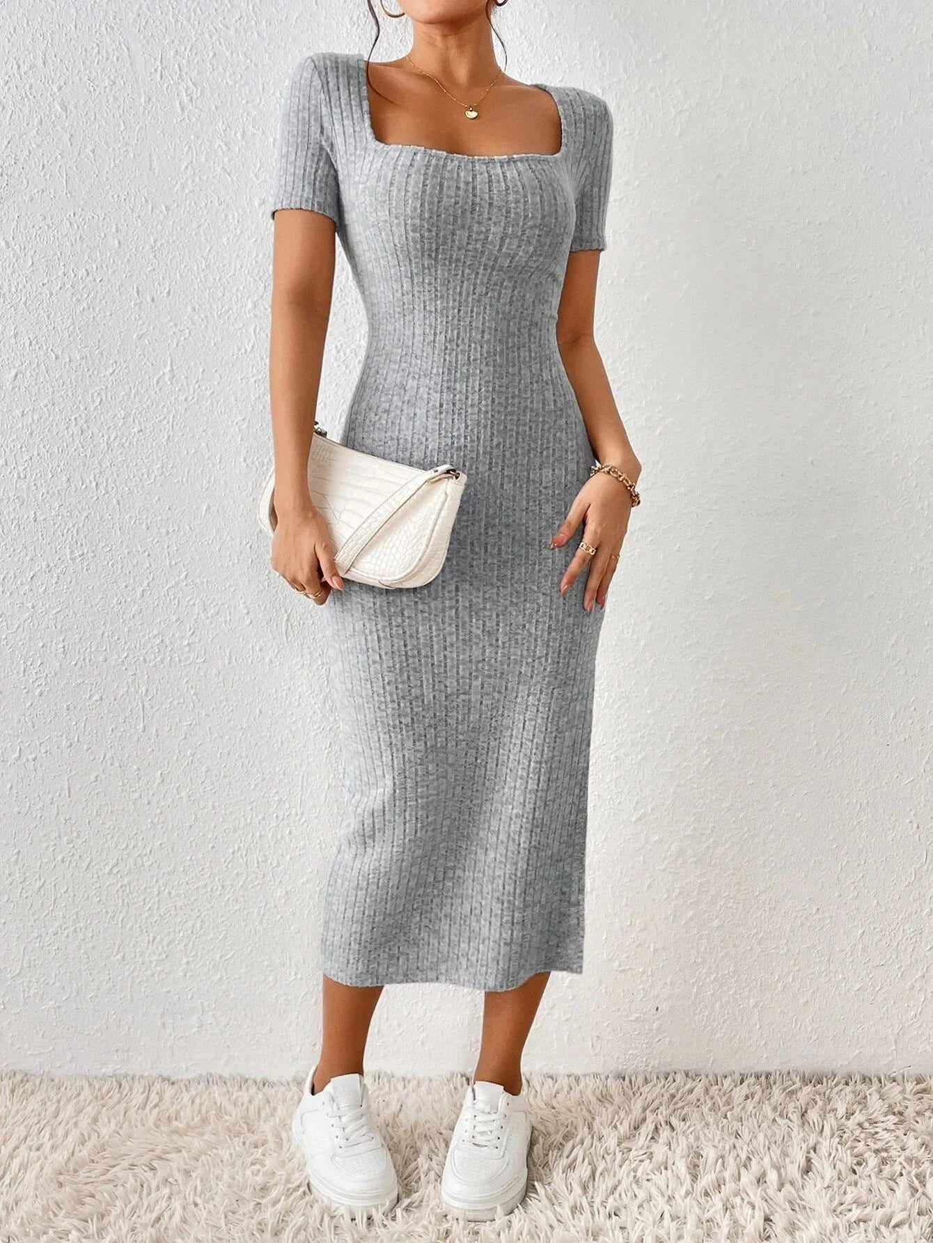 Women Style Knitted Dress. Ladies Casual Short Sleeve Square.