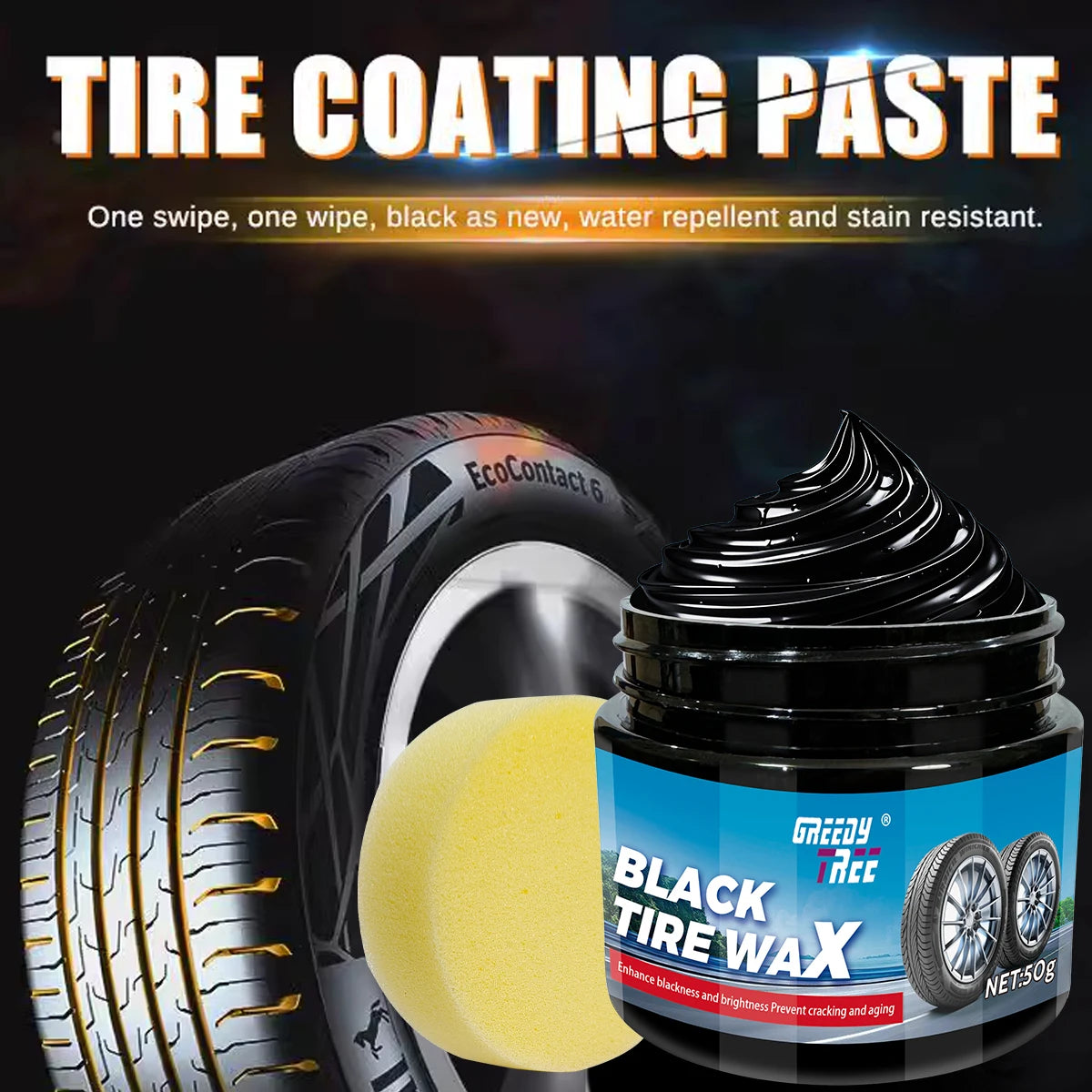 Black Tire Wax, Water-Resistant Car Wheel Shine, Long-Lasting Protection.