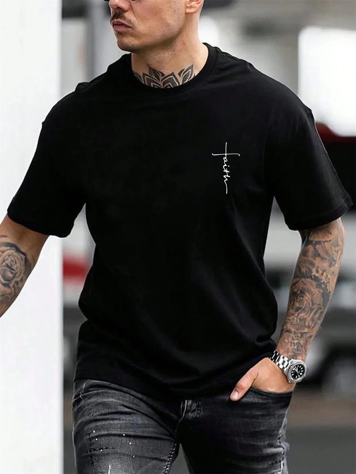 Men's Summer 100% Cotton Fashionable Casual Loose Large Size Faith Cross Printed Sports Round Neck Short Sleeve T-shirt Top