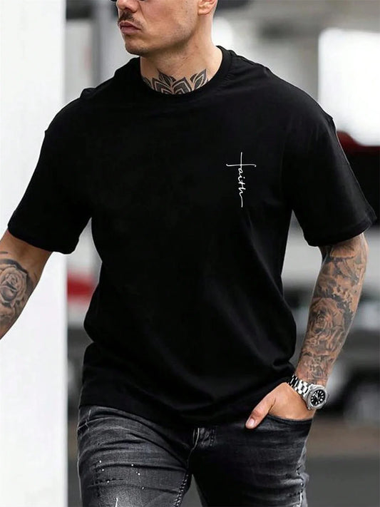Men's Summer 100% Cotton Fashionable Casual Loose Large Size Faith Cross Printed Sports Round Neck Short Sleeve T-shirt Top