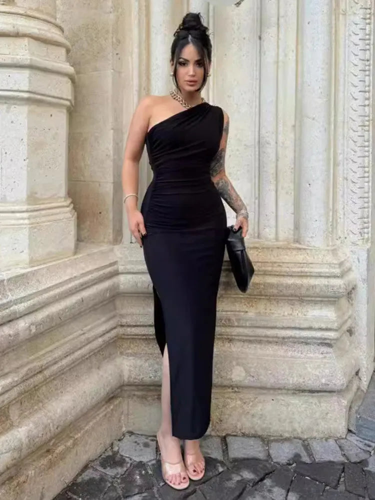 Black elegant Dress, Sexy Split Sleeveless, Backless Dress Off Shoulder, for casual, Dinner, Club Slim wear Dress