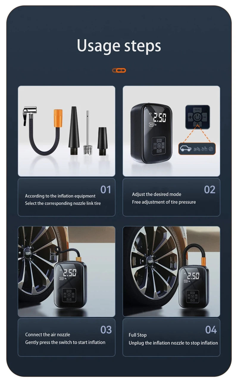 Car tire intelligent wireless car inflatable pump motorcycle bicycle electric vehicle portable air pump portable travel portable