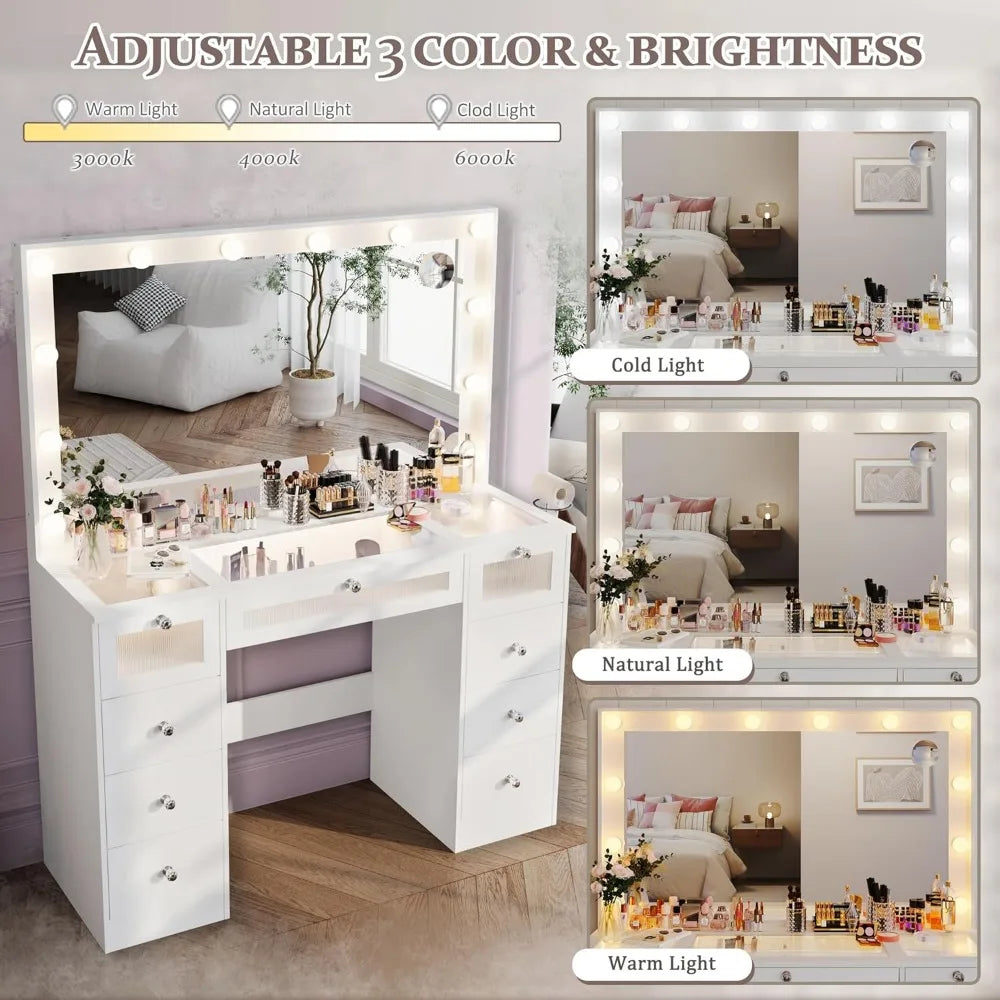 LED Makeup Vanity Desk - Large Mirror Drawers & Charging Station