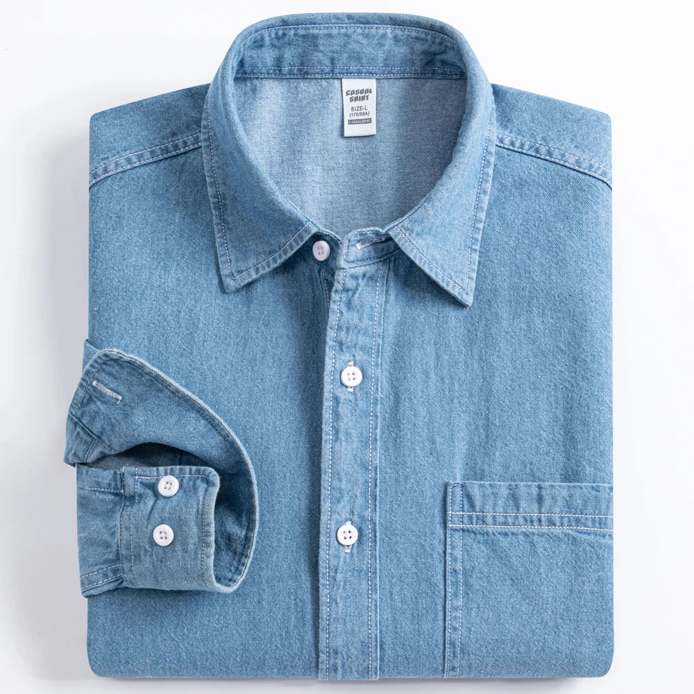 Men's Denim Casual Long Sleeve Pocket Shirt. Regular-Fit Comfortable Soft. 100% Cotton Washed Durability
