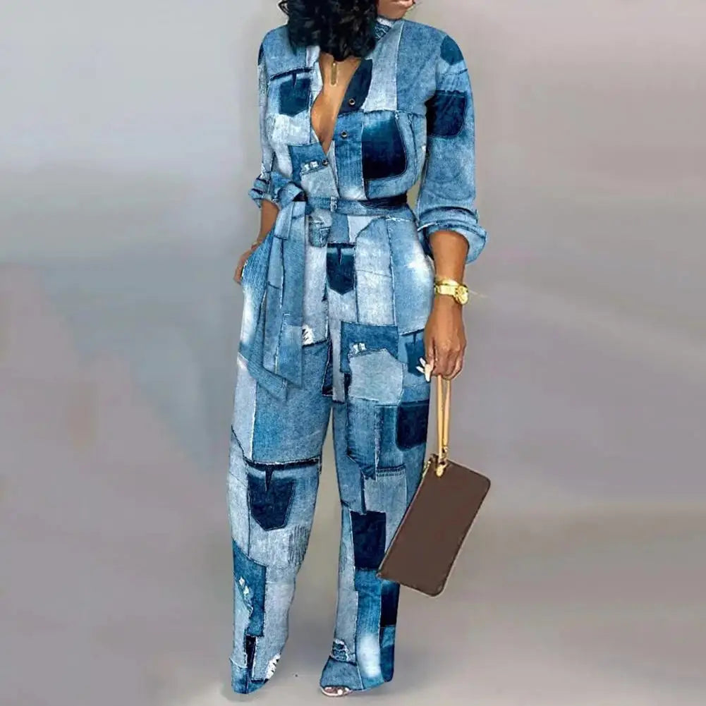Women Jumpsuit V-Neck Long Sleeve High Waist Buttons Half Placket Pockets Autumn Abstract Print Front Belted Jumpsuit