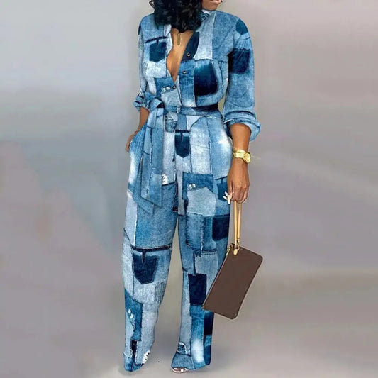 Women Jumpsuit V-Neck Long Sleeve High Waist Buttons Half Placket Pockets Autumn Abstract Print Front Belted Jumpsuit
