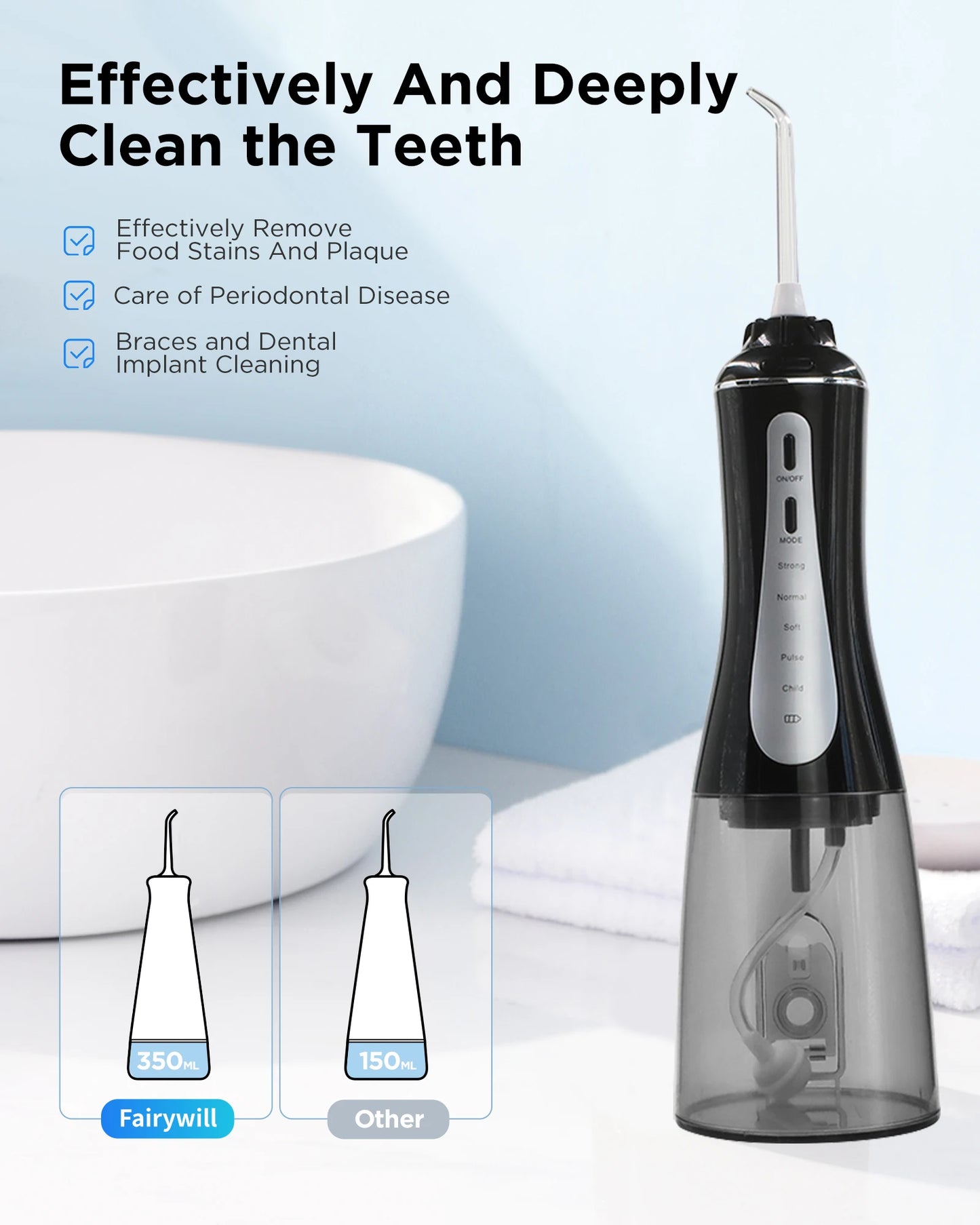 New Arrival Fairywill 350ml Portable Oral Irrigator USB Rechargeable Dental Water Flosser Jet Irrigator Dental Teeth Cleaner