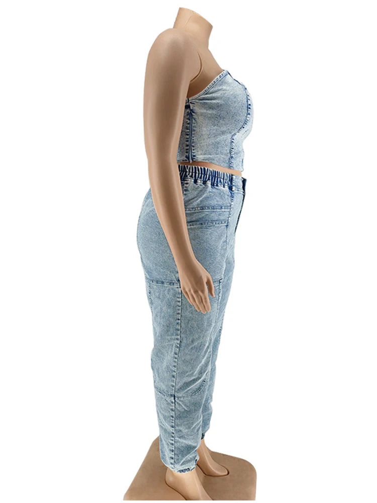 Two Piece Set Women Top and Pants Fashion Sexy One Shoulder Top Elastic Jeans Plus Size Matching Sets Wholesale Dropshipping