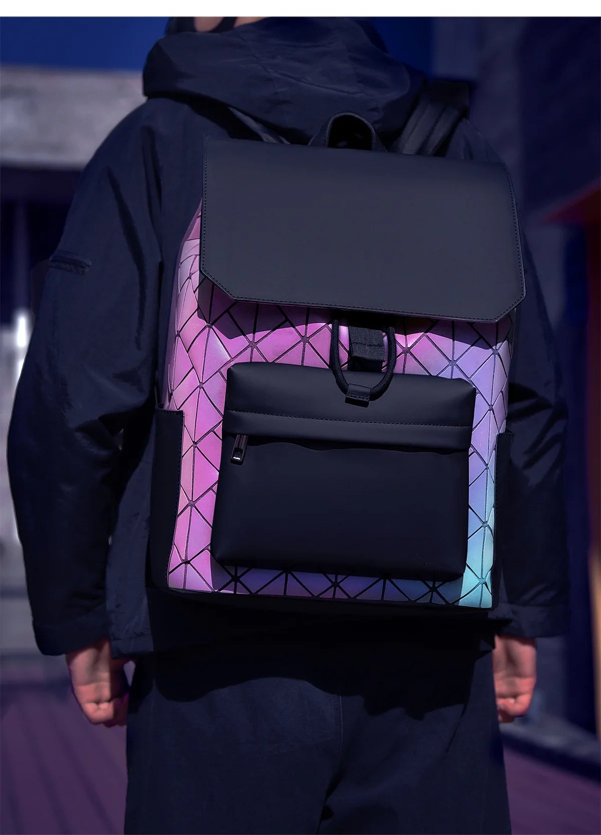Trendy Brand Backpack Men's Bag Rhombus Laser Reflective Student School Bag Large Capacity Commuter Computer Bag
