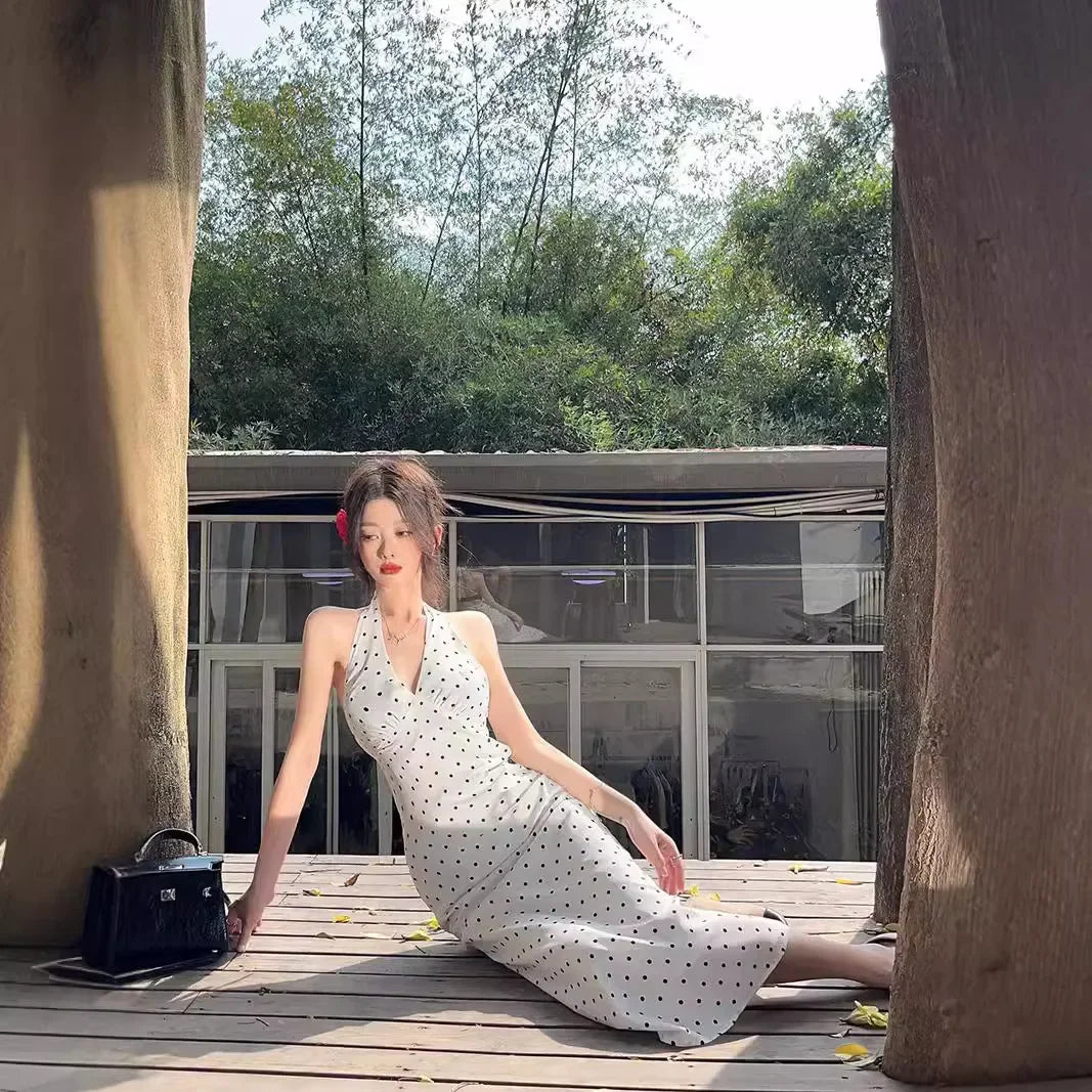 Korean Style Open-back Halter Neck Dress Women. Elegant Long Dress.