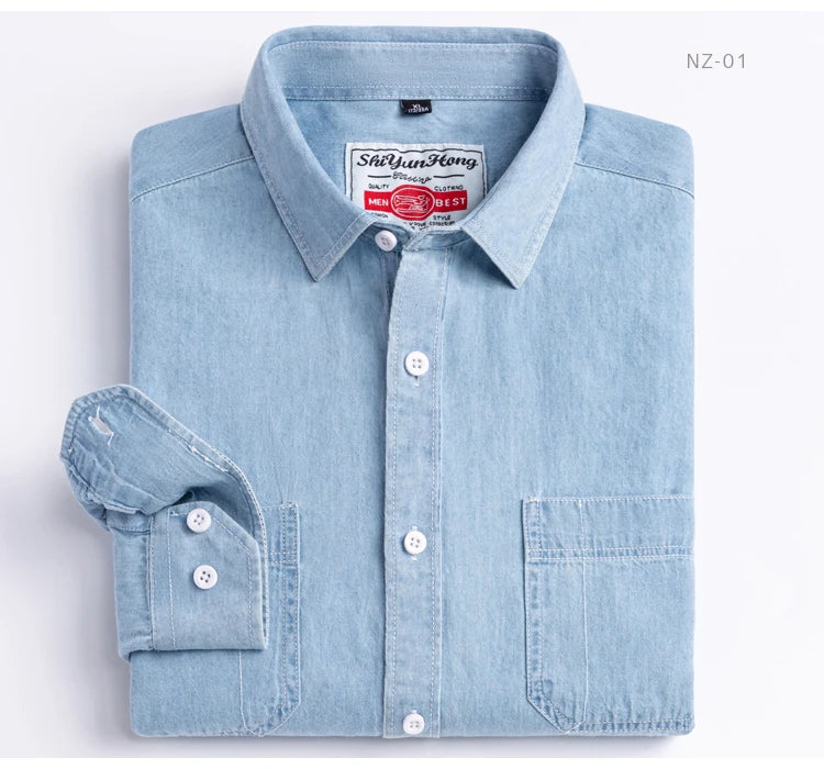 Men's Denim Casual Long Sleeve Pocket Shirt. Regular-Fit Comfortable Soft. 100% Cotton Washed Durability