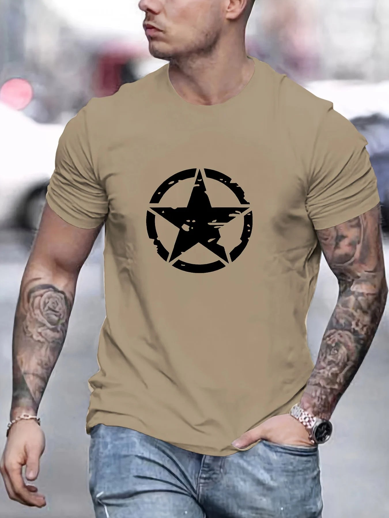 Summer men's 100% cotton comfortable casual loose oversized star logo graphic printed sports round neck short sleeved T-shirt
