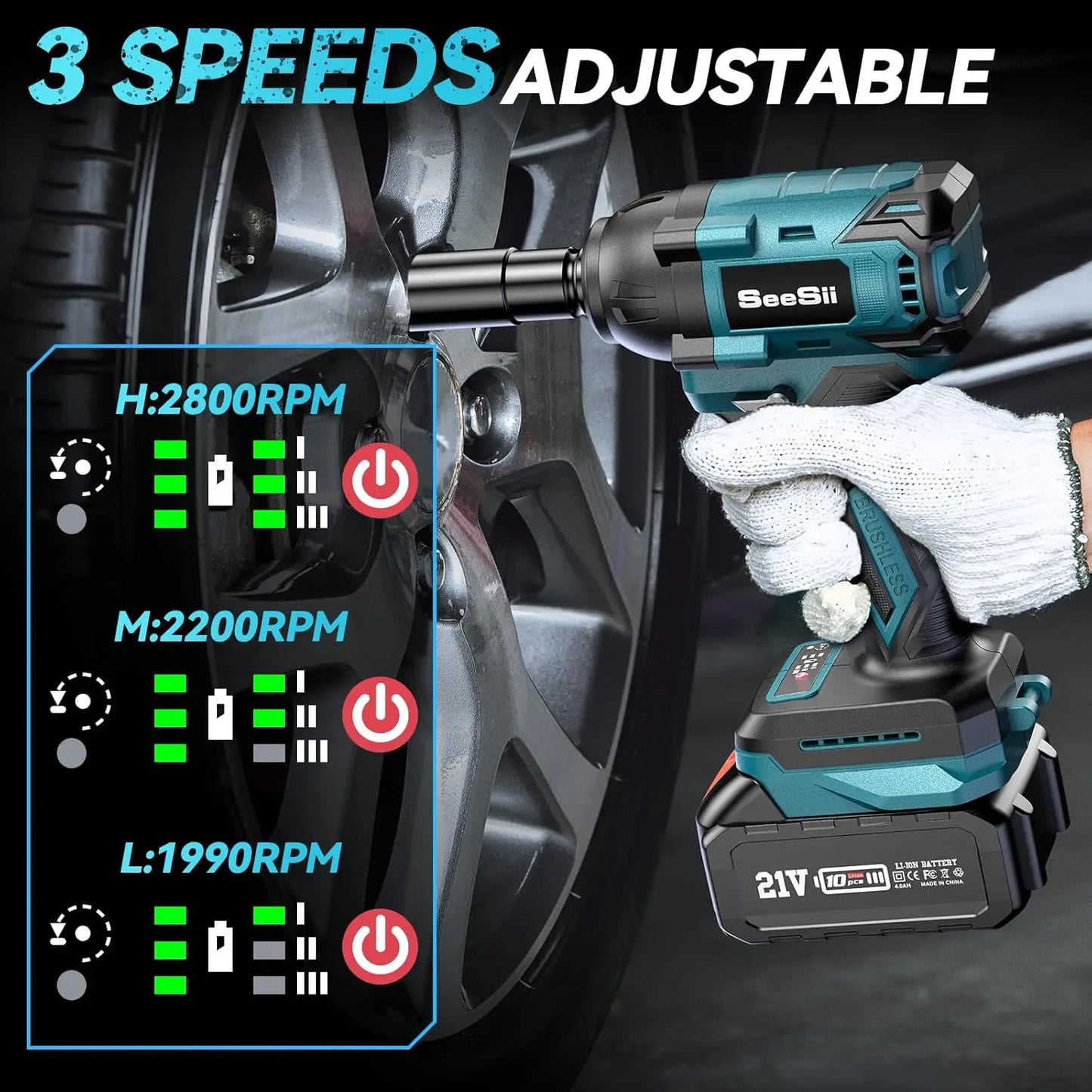 Seesii Impact Wrench Cordless 550N.m Power Impact Gun 1/2 Inch 3300RPM Electric Wrench WH550 4.0Ah Battery for Makita Car Repair