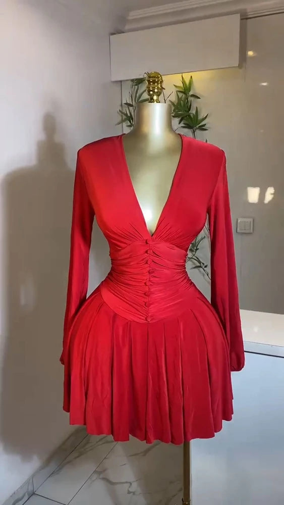 Women Elegant V-Neck Long Sleeve Pleated Dress 2025 Buttons Tunic Waist Sexy Evening Party Luxury Casual Short A Line Dresses