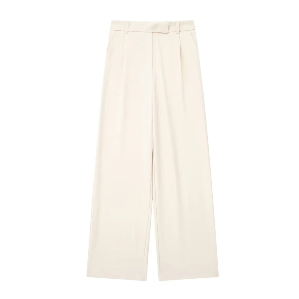 TRZA Women Fashion With Darts Front Pockets Wide Leg Pants Vintage High Waist Zipper Fly Female Trousers Mujer