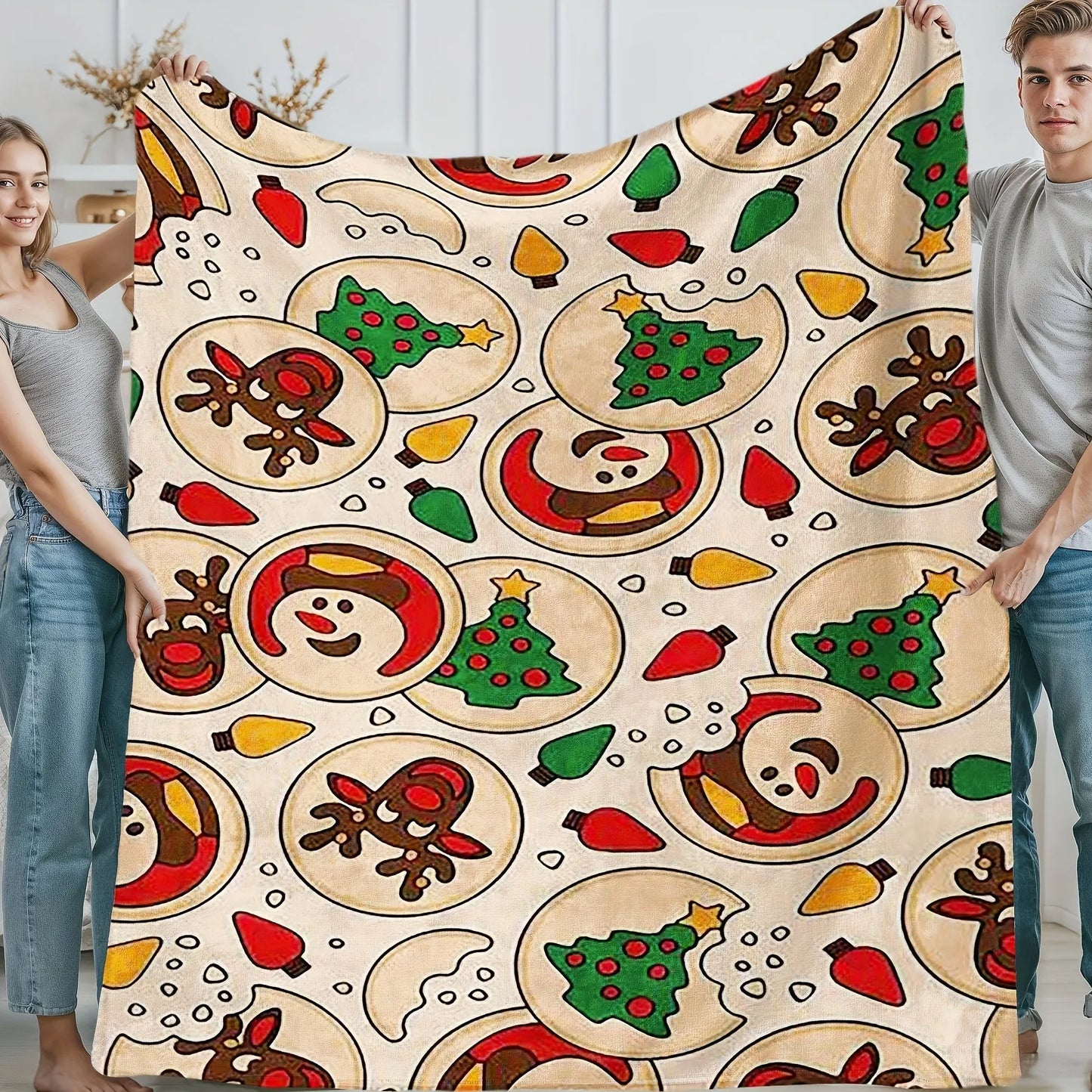 Christmas Blanket - Reindeer Snowman Lights Pattern Festive Warm Throw