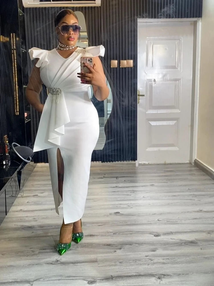 White Graduation Dress V Neck Ruffle Sleeve Bodycon Slit Midi Dress Elegant Fitted Summer Outfits for Women
