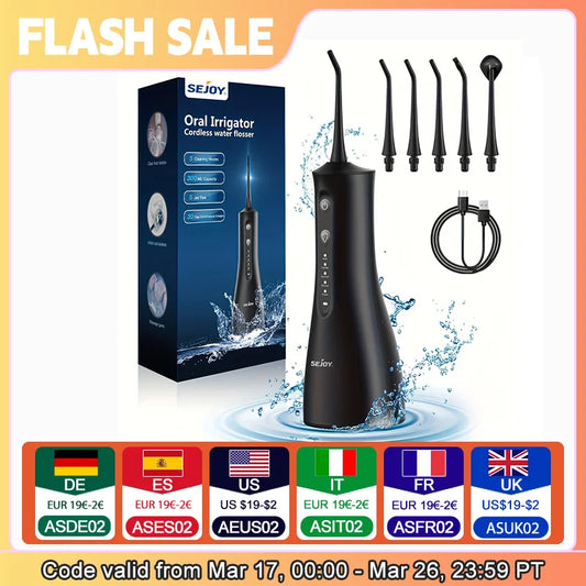 Sejoy Cordless Water Dental Flosser for Teeth Cleaning Denture Brushes 5 Tips IPX7 Portable Oral Irrigator for Home Travel