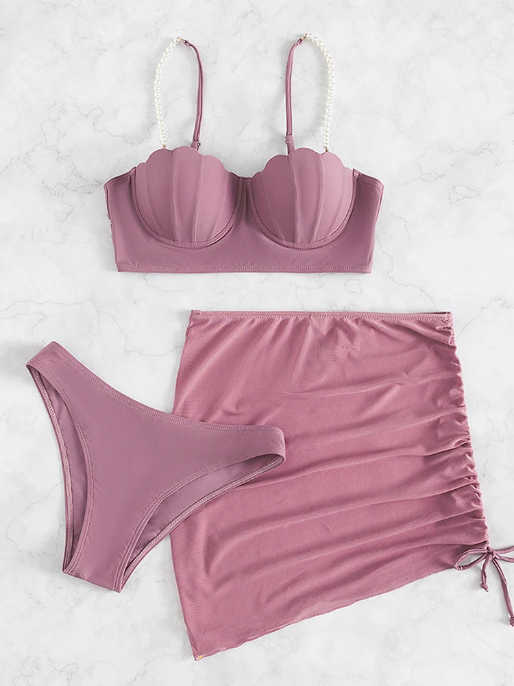 Sexy 3 Piece Bikinis Set for Women. Swimsuit with Skirt Swimwear.