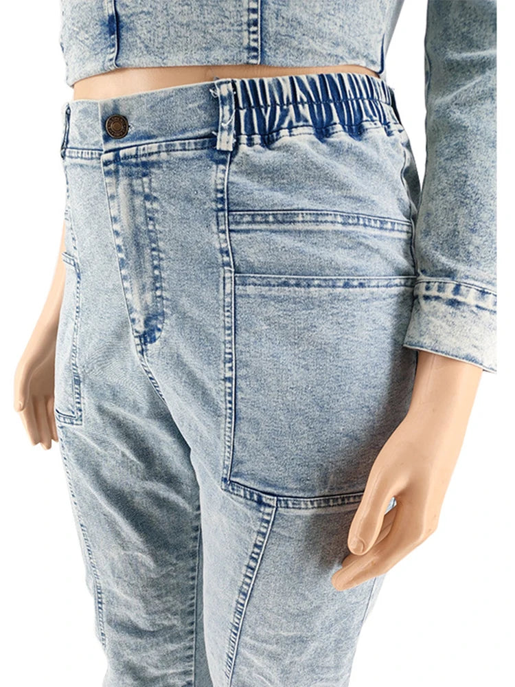 Two Piece Set Women Top and Pants Fashion Sexy One Shoulder Top Elastic Jeans Plus Size Matching Sets Wholesale Dropshipping