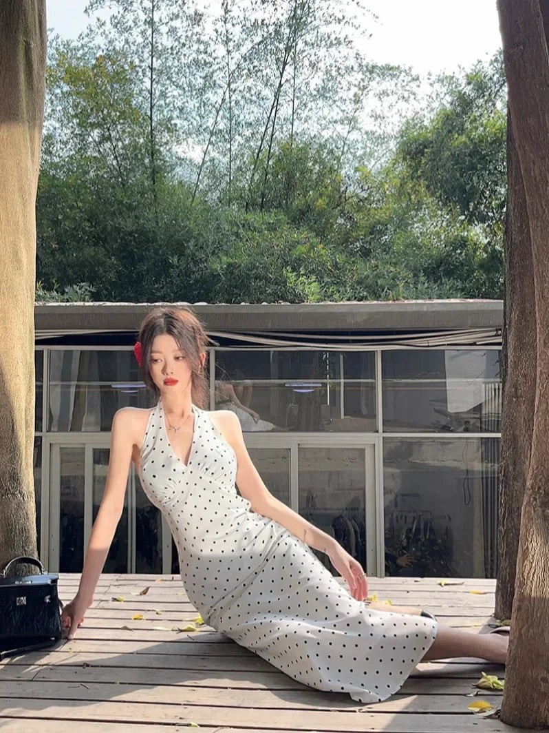 Korean Style Open-back Halter Neck Dress Women. Elegant Long Dress.