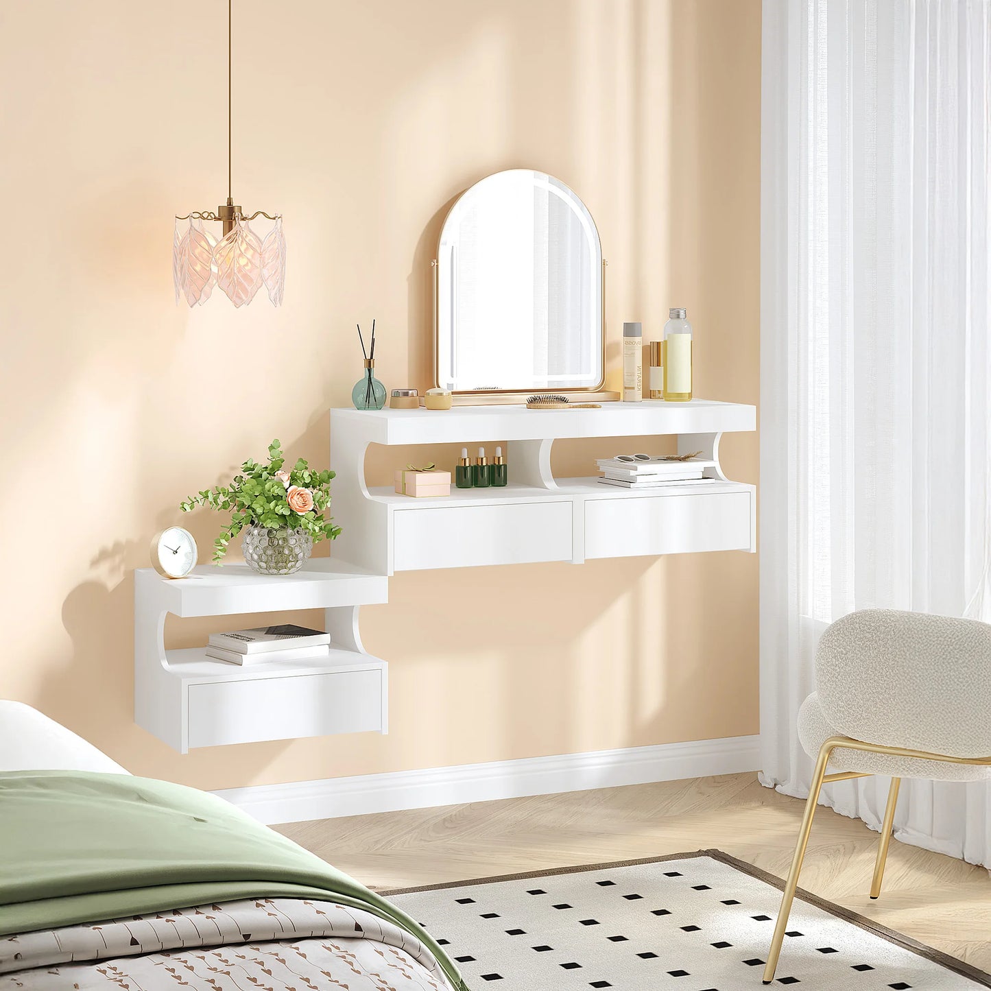 Floating Bedside Wall Shelf — 1 Drawer & Open Storage Modern Design