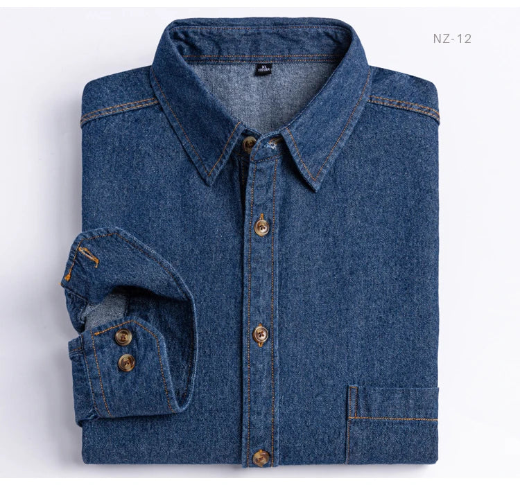 Men's Denim Casual Long Sleeve Pocket Shirt. Regular-Fit Comfortable Soft. 100% Cotton Washed Durability