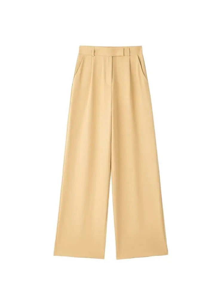 TRZA Women Fashion With Darts Front Pockets Wide Leg Pants Vintage High Waist Zipper Fly Female Trousers Mujer