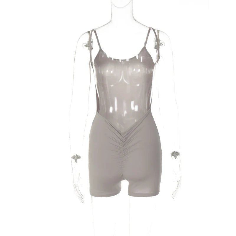 Hugcitar Solid Sleeveless Backless Ruched Sexy Bodycon Skinny Slips One Piece Playsuit Fall Women Vacation Rave Outfits Romper