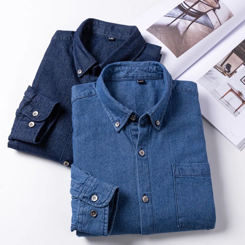 Men's Denim Casual Long Sleeve Pocket Shirt. Regular-Fit Comfortable Soft. 100% Cotton Washed Durability