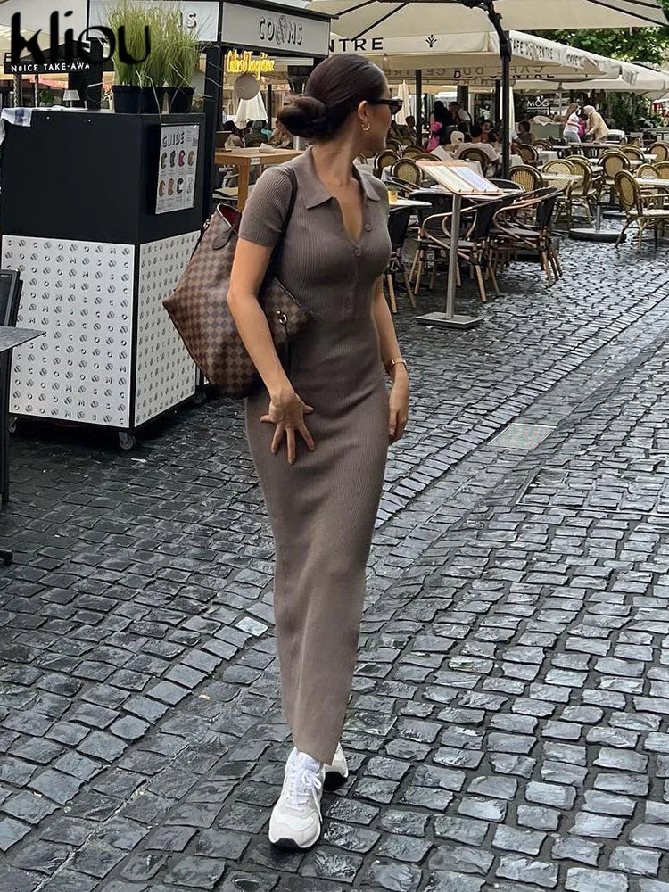 Classy Kliou Lady Dress.  Button Side Slit Body, with Turn-down Collar Short Sleeve-Shaping